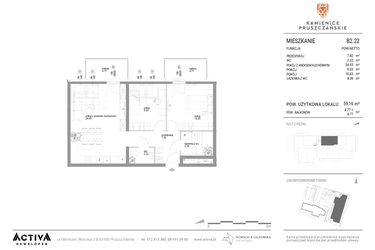Rzut - Mieszkanie na sprzedaż 3 pokoje o powierzchni 59,56 m² - numer B2.22 w Kamienice Pruszczańskie