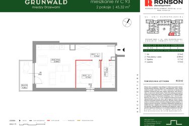 Rzut - Mieszkanie na sprzedaż 2 pokoje o powierzchni 45,32 m² - numer C093 w Grunwald Między Drzewami etap III
