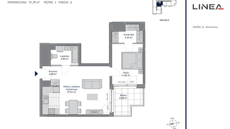 Rzut - Mieszkanie na sprzedaż 2 pokoje o powierzchni 51,39 m² - numer B.1.10 w Linea