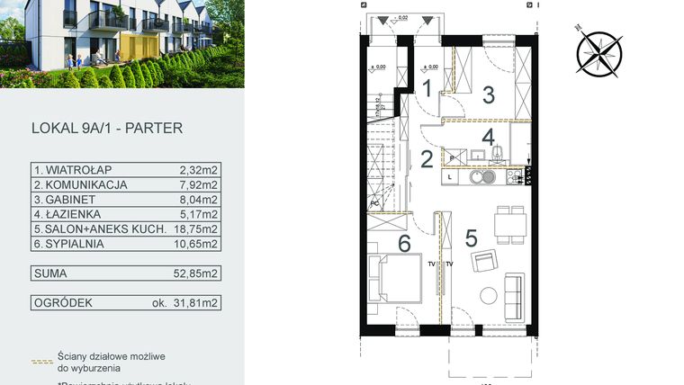 Rzut - Mieszkanie na sprzedaż 3 pokoje o powierzchni 52,85 m² - numer 9A/1 w Zamiejska 9