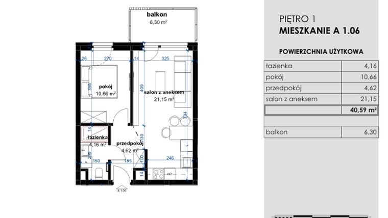 Rzut - Mieszkanie na sprzedaż 2 pokoje o powierzchni 40,59 m² - numer A 1.06 w Osiedle Kwiatowe