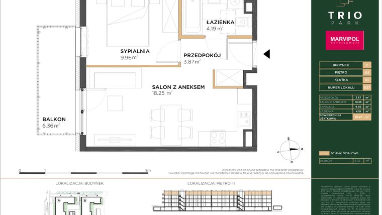 Rzut - Mieszkanie na sprzedaż 2 pokoje o powierzchni 36,27 m² - numer C037 w Trio Park bud. C