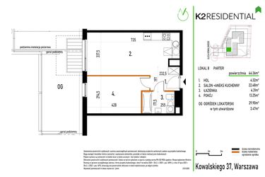 Rzut - Mieszkanie na sprzedaż 2 pokoje o powierzchni 44,36 m² - numer 8 w Kowalskiego 37