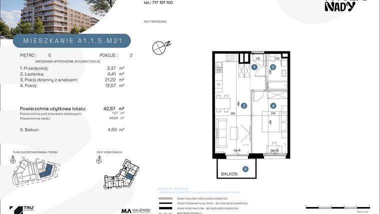 Rzut - Mieszkanie na sprzedaż 2 pokoje o powierzchni 42,57 m² - numer A1.1.5.M21 w Nowe Promenady