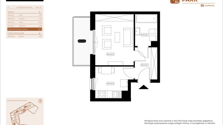Rzut - Mieszkanie na sprzedaż 1 pokój o powierzchni 28,54 m² - numer 1.02 w Białoprądnicka Park