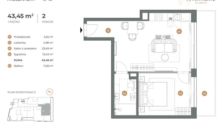 Rzut - Mieszkanie na sprzedaż 2 pokoje o powierzchni 43,45 m² - numer 5 w Witkiewicza Apartments
