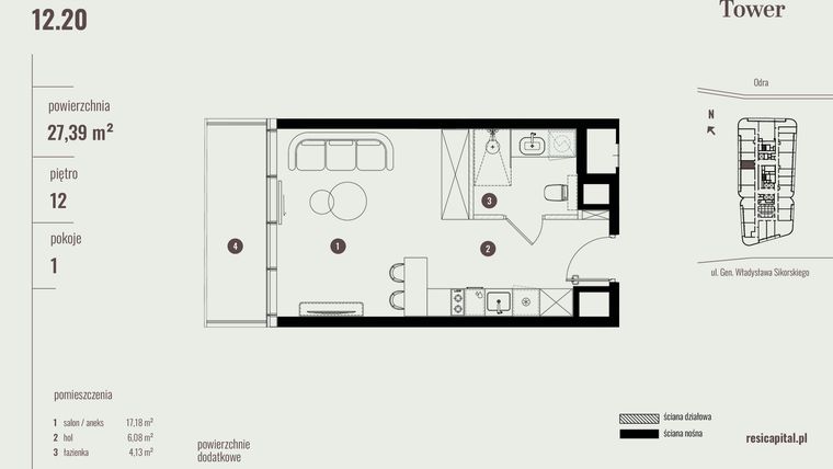 Rzut - Mieszkanie na sprzedaż 1 pokój o powierzchni 27,6 m² - numer 12.20 w Quorum Tower