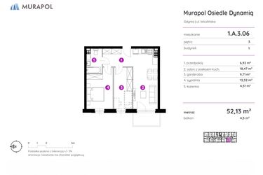 Rzut - Mieszkanie na sprzedaż 2 pokoje o powierzchni 52,13 m² - numer 1.A.3.06 w Murapol Osiedle Dynamiq