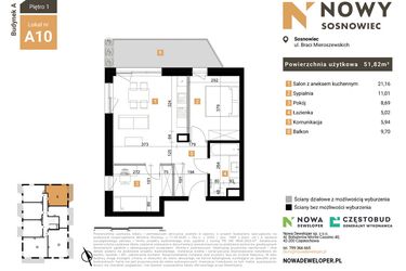 Rzut - Mieszkanie na sprzedaż 3 pokoje o powierzchni 51,82 m² - numer 10 w Nowy Sosnowiec