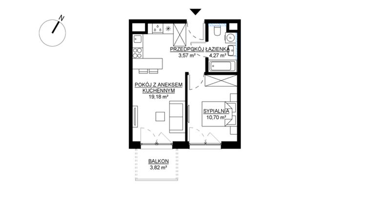 Rzut - Mieszkanie na sprzedaż 2 pokoje o powierzchni 37,72 m² - numer M53 w KWADRAT etap 2