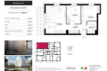 Rzut - Mieszkanie na sprzedaż 3 pokoje o powierzchni 51,04 m² - numer 9 w Novum Rumia - bud. 22