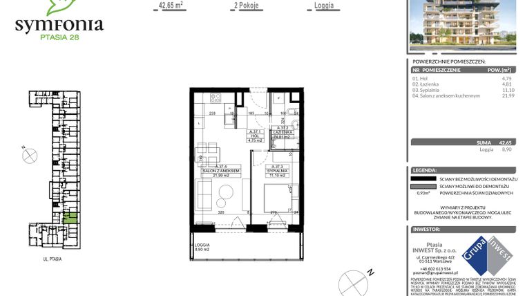 Rzut - Mieszkanie na sprzedaż 2 pokoje o powierzchni 42,65 m² - numer A.37 w Symfonia Ptasia 28