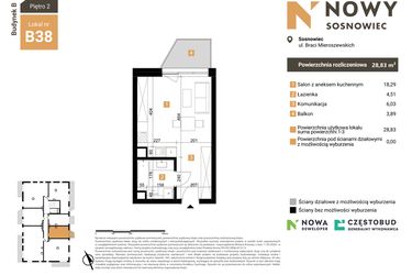 Rzut - Mieszkanie na sprzedaż 1 pokój o powierzchni 28,83 m² - numer B38 w Nowy Sosnowiec
