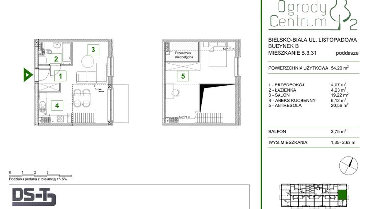 Rzut - Mieszkanie na sprzedaż 1 pokój o powierzchni 54,2 m² - numer B.3.31 w Ogrody Centrum 2