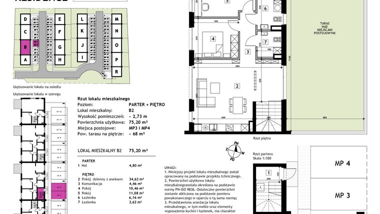 Rzut - Mieszkanie na sprzedaż 3 pokoje o powierzchni 75,2 m² - numer B2 w Złotno Residence