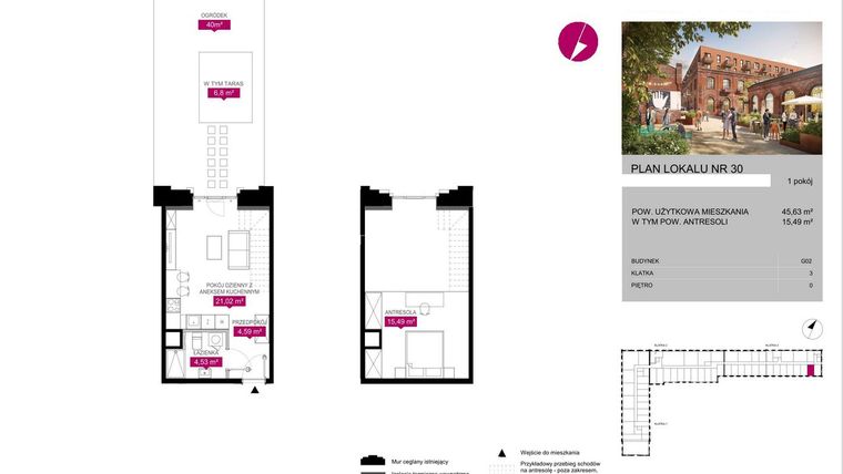 Rzut - Mieszkanie na sprzedaż 1 pokój o powierzchni 45,63 m² - numer G2.30 w Fuzja Lofty