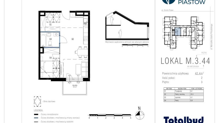 Rzut - Mieszkanie na sprzedaż 2 pokoje o powierzchni 42,65 m² - numer M.3.44 w Viva Piastów