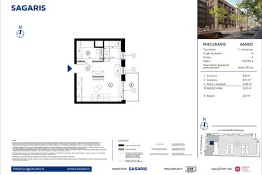 Rzut - Mieszkanie na sprzedaż 1 pokój o powierzchni 32,91 m² - numer AA0402 w Niedziałkowskiego Park