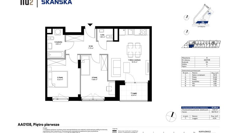 Rzut - Mieszkanie na sprzedaż 3 pokoje o powierzchni 57,69 m² - numer AA0108 w NU2 Warszawa Wola - apartamenty wykończone pod klucz