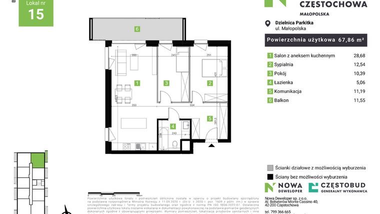 Rzut - Mieszkanie na sprzedaż 3 pokoje o powierzchni 67,86 m² - numer D15 w Nowa Częstochowa Małopolska etap II