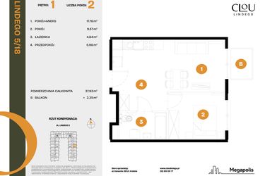 Rzut - Mieszkanie na sprzedaż 2 pokoje o powierzchni 37,93 m² - numer 18 w CLOU LINDEGO