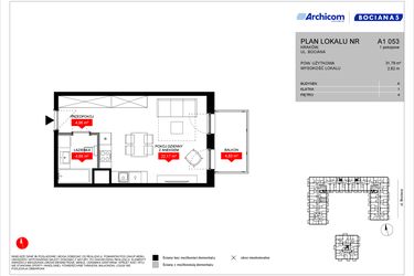 Rzut - Mieszkanie na sprzedaż 1 pokój o powierzchni 31,79 m² - numer A1 053 w Osiedle Bociana 5