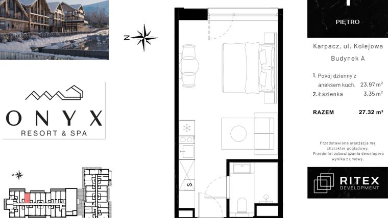 Rzut - Mieszkanie na sprzedaż 1 pokój o powierzchni 27,46 m² - numer NR 01.A13 w Onyx Resort & Spa