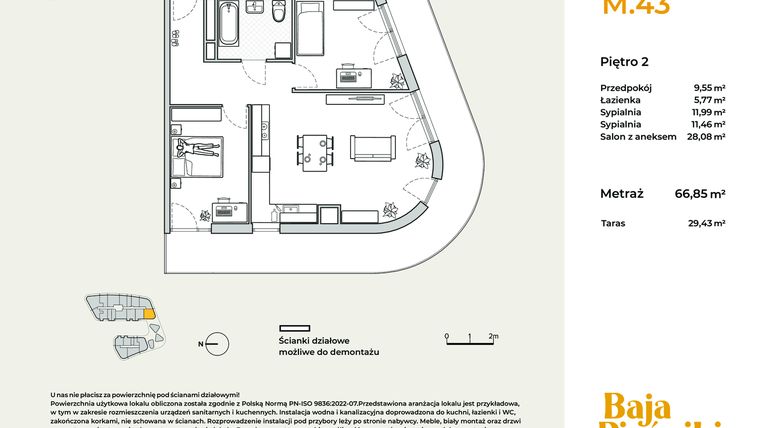 Rzut - Mieszkanie na sprzedaż 3 pokoje o powierzchni 66,91 m² - numer M43 w Baja Piaśniki