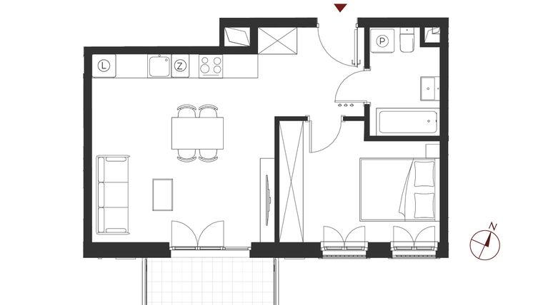 Rzut - Mieszkanie na sprzedaż 2 pokoje o powierzchni 43,34 m² - numer B.1.10 w Apartamenty Symfonia
