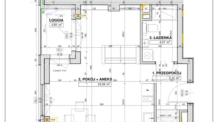 Rzut - Mieszkanie na sprzedaż 1 pokój o powierzchni 32,93 m² - numer B42 w Nowe Centrum Południowe etap IV