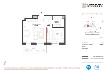 Rzut - Mieszkanie na sprzedaż 2 pokoje o powierzchni 43,86 m² - numer A.1.2 w Drucianka Wschodnia