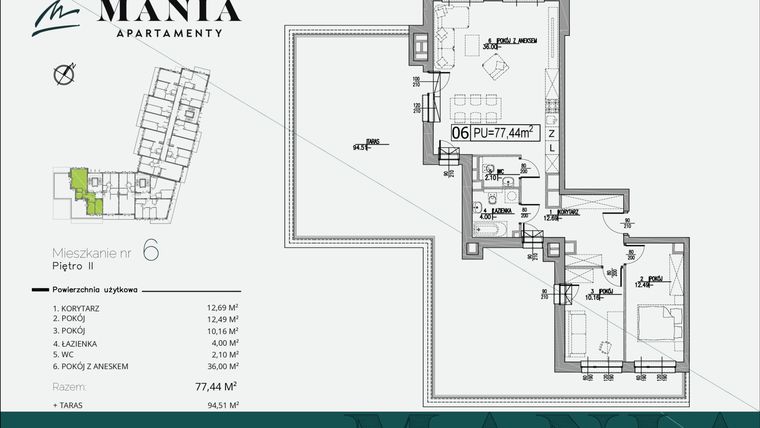 Rzut - Mieszkanie na sprzedaż 3 pokoje o powierzchni 77,44 m² - numer 6 w MANIA Apartamenty