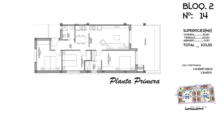 Rzut - Mieszkanie na sprzedaż 3 pokoje o powierzchni 103,55 m² - numer 14 w Mieszkania w Guardamar del Segura - 58228876