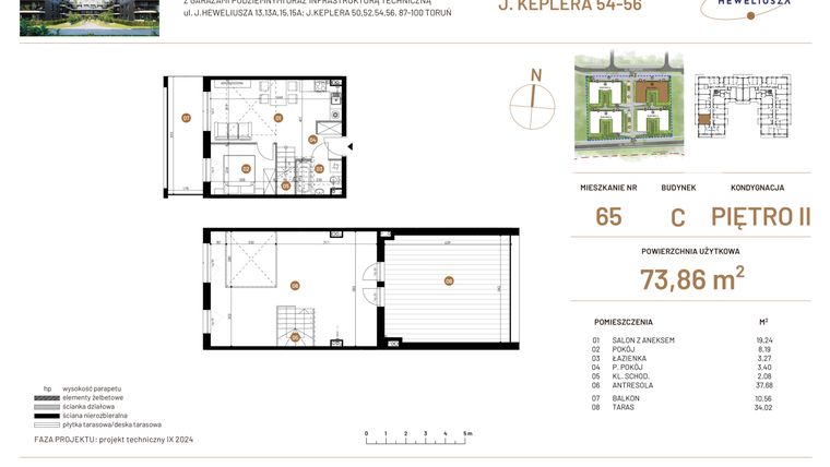 Rzut - Mieszkanie na sprzedaż 4 pokoje o powierzchni 73,86 m² - numer JAR-III-C-LM-M65 w Osiedle JAR Heweliusza etap III