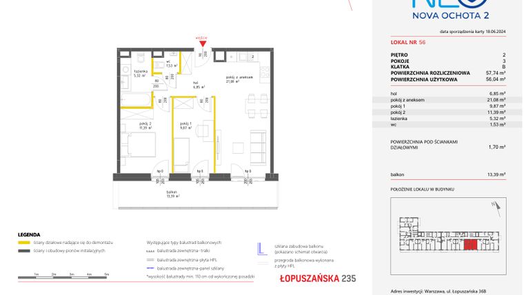Rzut - Mieszkanie na sprzedaż 3 pokoje o powierzchni 57,74 m² - numer 56 w Neo Nova Ochota 2