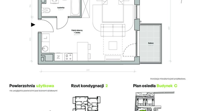 Rzut - Mieszkanie na sprzedaż 1 pokój o powierzchni 32,57 m² - numer C.2.M14 w Przemyska Vita