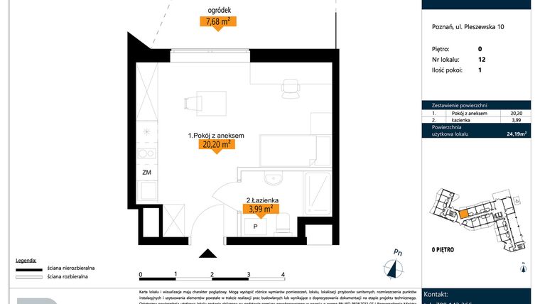 Rzut - Mieszkanie na sprzedaż 1 pokój o powierzchni 24,19 m² - numer B.0.12 w ŁACINA SPOT - apartamenty inwestycyjne