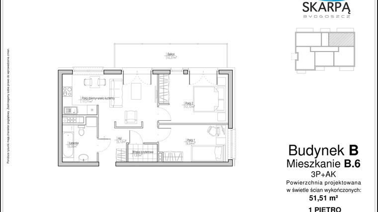 Rzut - Mieszkanie na sprzedaż 3 pokoje o powierzchni 51,51 m² - numer B6 w Osiedle pod Skarpą