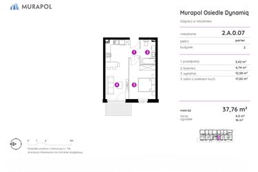 Rzut - Mieszkanie na sprzedaż 2 pokoje o powierzchni 37,76 m² - numer 2.A.0.07 w Murapol Osiedle Dynamiq
