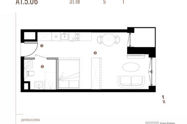 Rzut - Mieszkanie na sprzedaż 1 pokój o powierzchni 31,18 m² - numer A1.5.06 w Belg Apartamenty etap II