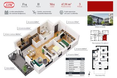 Rzut - Mieszkanie na sprzedaż 3 pokoje o powierzchni 47,91 m² - numer 11 w Tęczowy Zakątek F-14