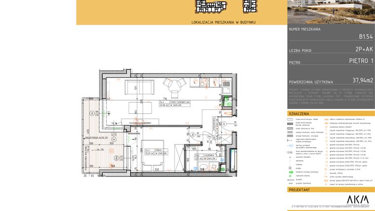 Rzut - Mieszkanie na sprzedaż 2 pokoje o powierzchni 37,94 m² - numer B1.54 w Nova Daliova