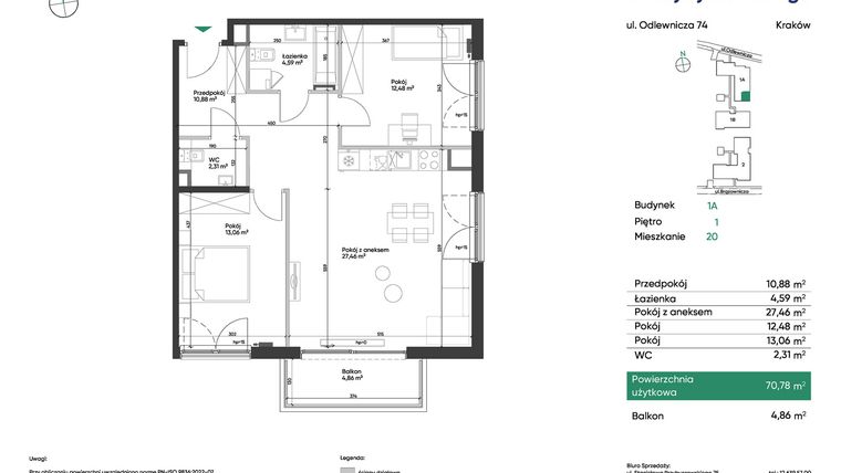 Rzut - Mieszkanie na sprzedaż 3 pokoje o powierzchni 70,78 m² - numer 1A_M20 w U Przybyszewskiego etap 4