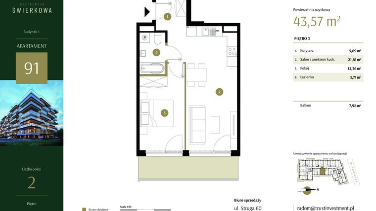 Rzut - Mieszkanie na sprzedaż 2 pokoje o powierzchni 43,57 m² - numer 91 w Rezydencja Świerkowa