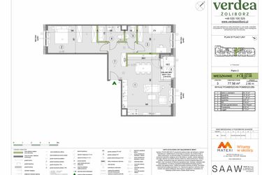 Rzut - Mieszkanie na sprzedaż 3 pokoje o powierzchni 77,56 m² - numer F1.B.02.06 w Verdea Żoliborz