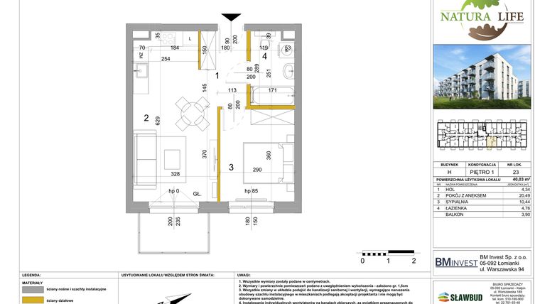 Rzut - Mieszkanie na sprzedaż 2 pokoje o powierzchni 40,02 m² - numer H.23 w Osiedle Natura Life budynki GHI