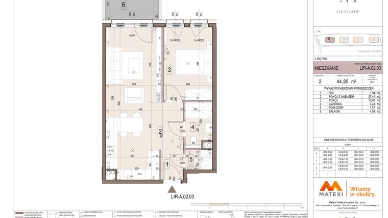 Rzut - Mieszkanie na sprzedaż 2 pokoje o powierzchni 44,85 m² - numer A.02.03 w Takt Lirników