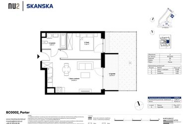 Rzut - Mieszkanie na sprzedaż 2 pokoje o powierzchni 41,52 m² - numer BC0002 w NU2 Warszawa Wola