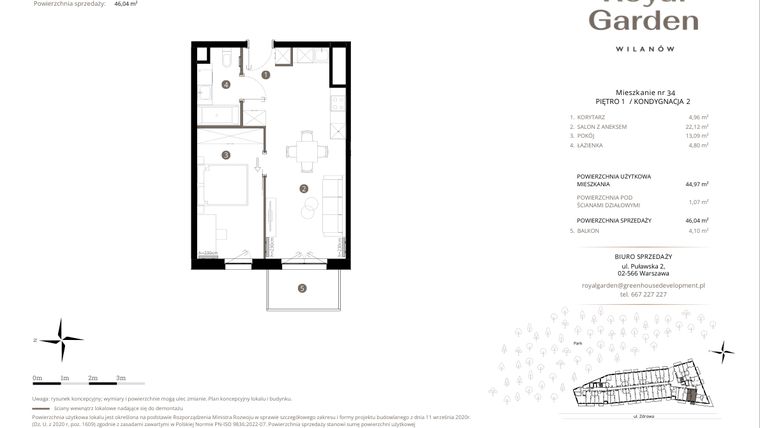 Rzut - Mieszkanie na sprzedaż 2 pokoje o powierzchni 44,97 m² - numer M.34 w Royal Garden Wilanów