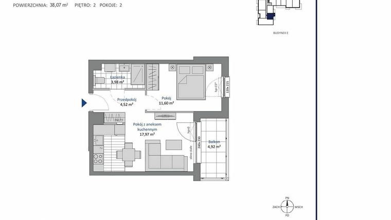 Rzut - Mieszkanie na sprzedaż 2 pokoje o powierzchni 38,07 m² - numer E.2.2 w Nowa Dąbrowa bud. DE
